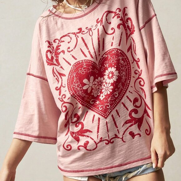 Pink Casual Women's Knitted Crew Neck Loose Wash Short Sleeve T-Shirt - Picture 1 of 7